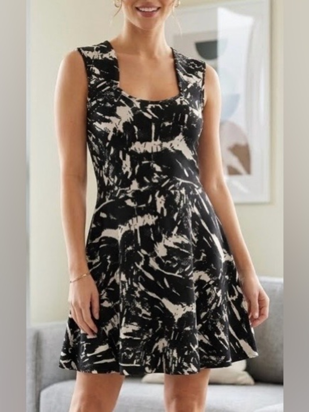 Sleeveless Black and White Abstract Skater Dress